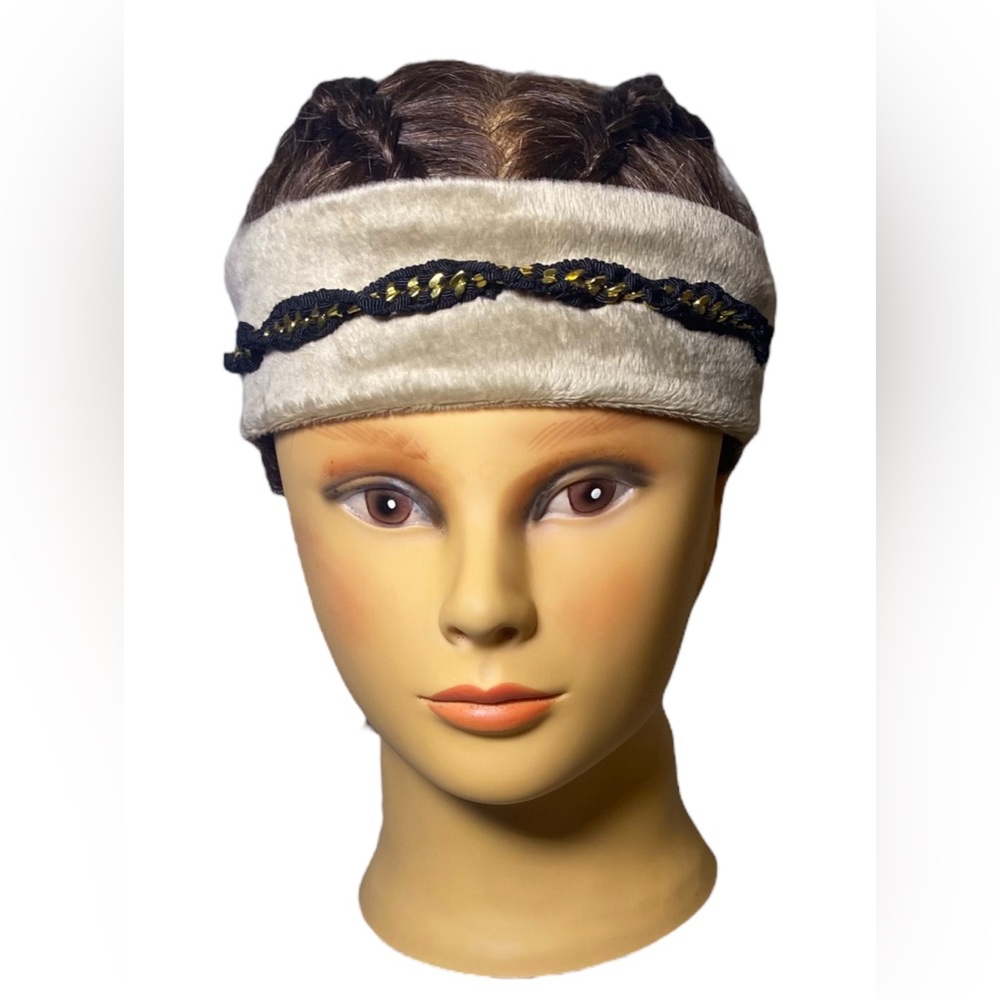 Beige Micro Fleece Rave Sweatband Anti Sweat Headband with Gold Chain